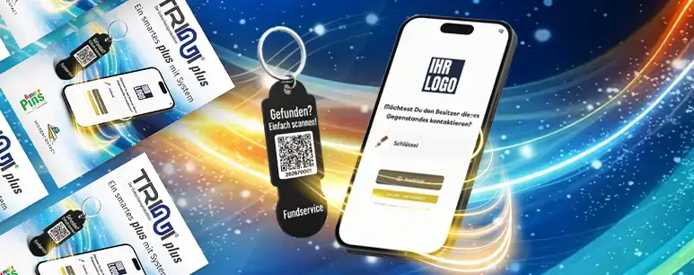 Einkaufswagenlöser TRIGGI®plus jetzt smart erweitert - individuell mit Ihrem Logo oder Motiv & QR-Code zum Schlüsselfund-Service und individueller Trägerkarte für noch mehr Werbefläche