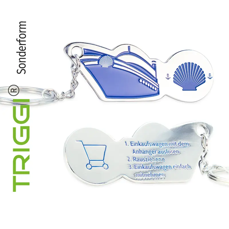 TRIGGI® der Einkaufswagenlöser TR Sonderform in 2D Spritzguss oder 3D Spritzguss - mit oder ohne Farbauslegung in Hart- oder Weichemaille "Schiff & Muschel" mit Ihrem Logo