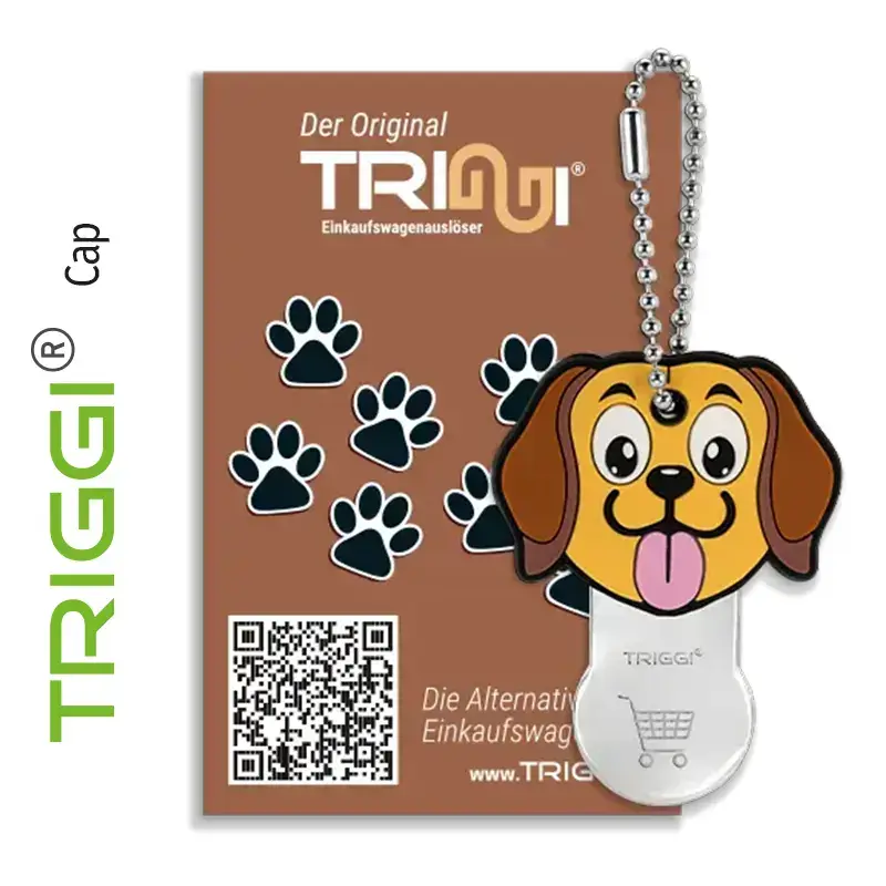 Einkaufswagenlöser Einkaufswagenauslöser TRIGGI Cap Doggy Wuff wechselbare Weichgummi-Kappe individuell mit Ihrem Design mit Karte für noch mehr Werbefläche